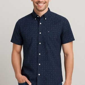 Tommy Hilfiger Men’s 100% Cotton Navy Geometric Shirt | Modern Fit Casual Style